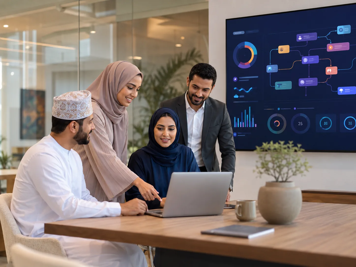 An Omani team reviewing AI dashboards at Kays IT in Oman