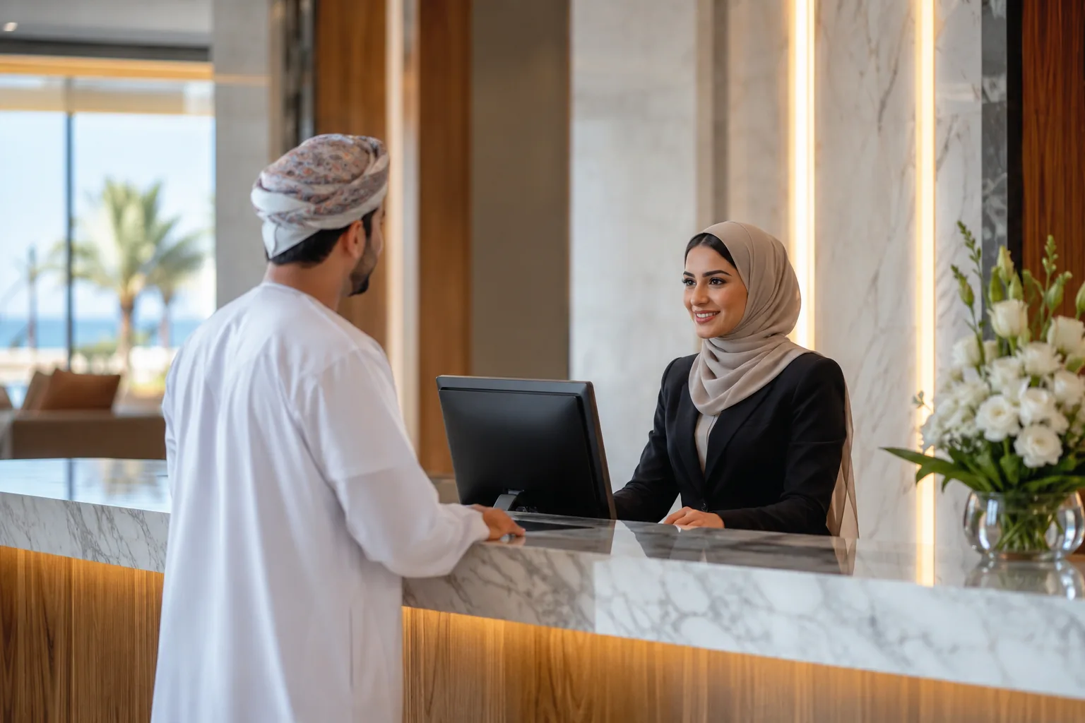 Omani hotel receptionist using eZee Absolute PMS at a front desk in Oman