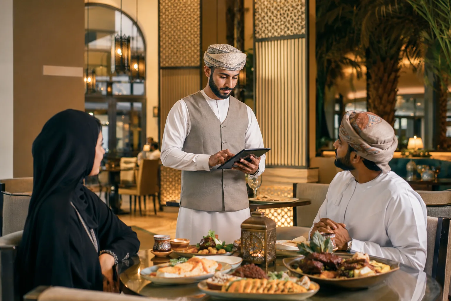 Waiter using eZee Optimus restaurant POS in a restaurant in Oman