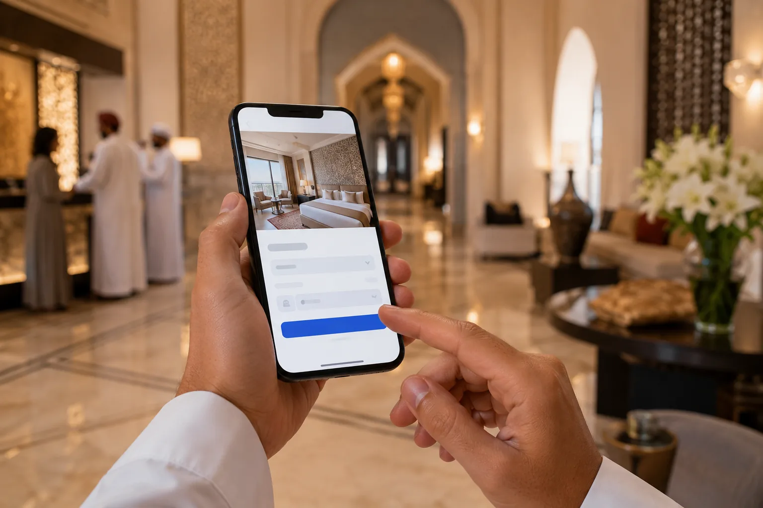 Guest booking an Oman hotel room on a phone with eZee Reservation