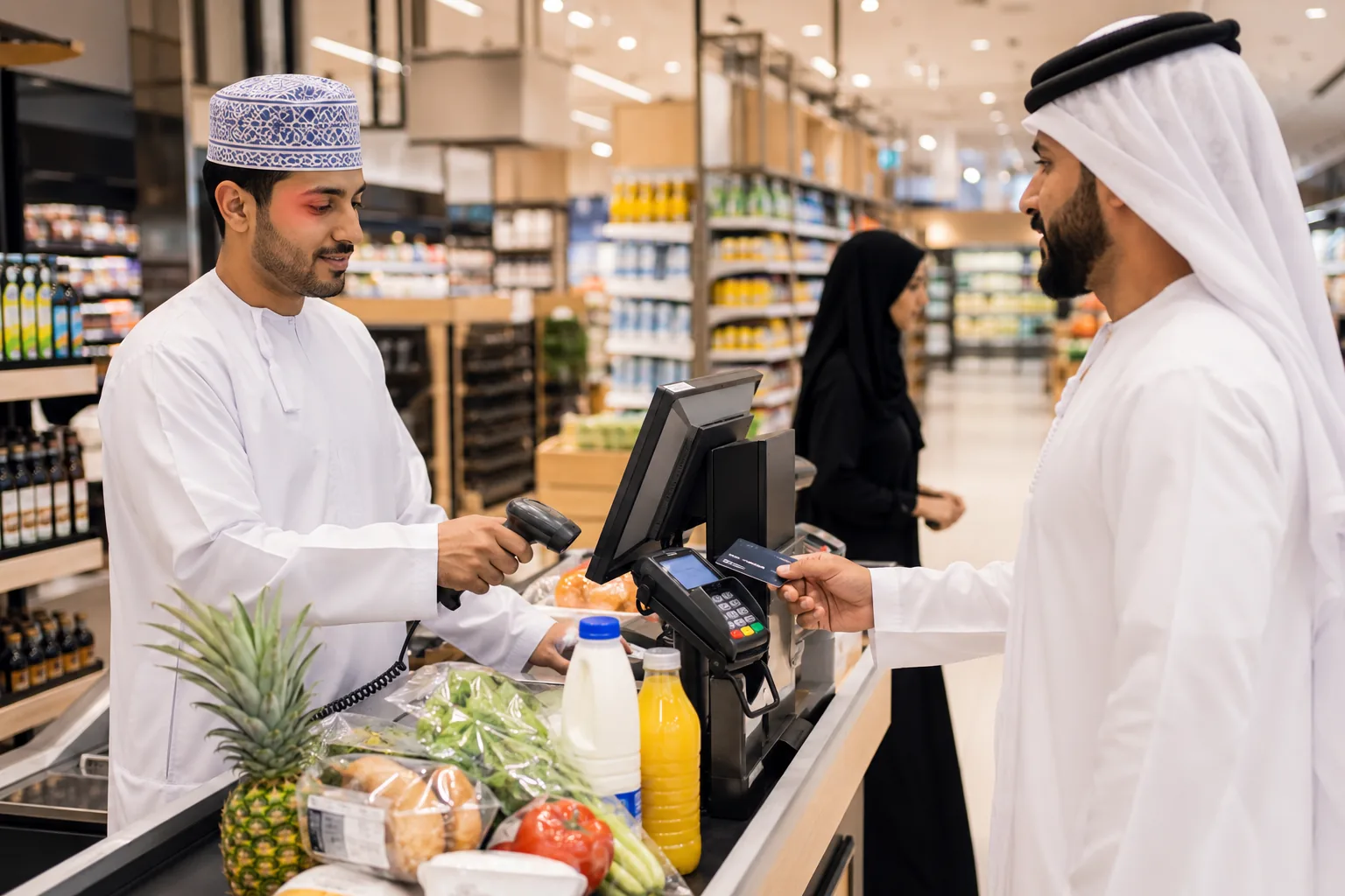 Omani cashier using Maxim retail POS at a supermarket checkout in Oman