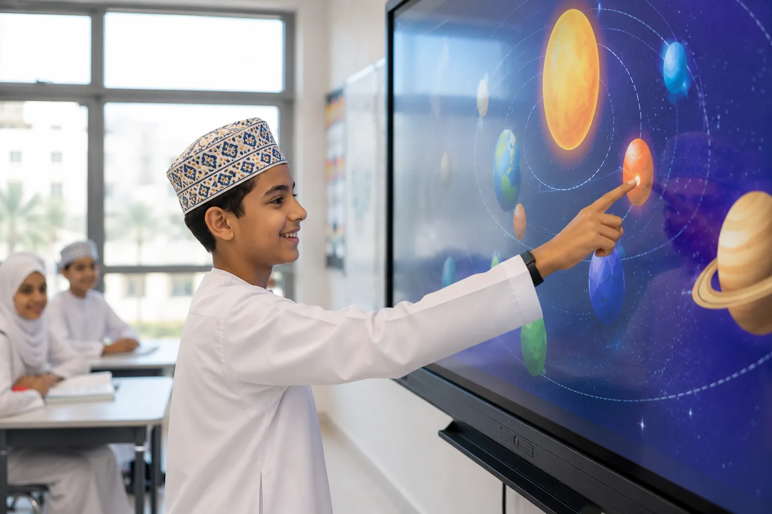 Omani student using a SMART Board interactive display in Oman