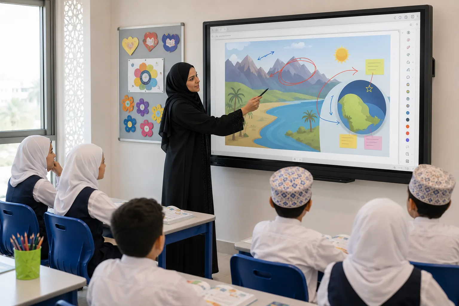 Teacher using SMART Notebook software in an Omani classroom